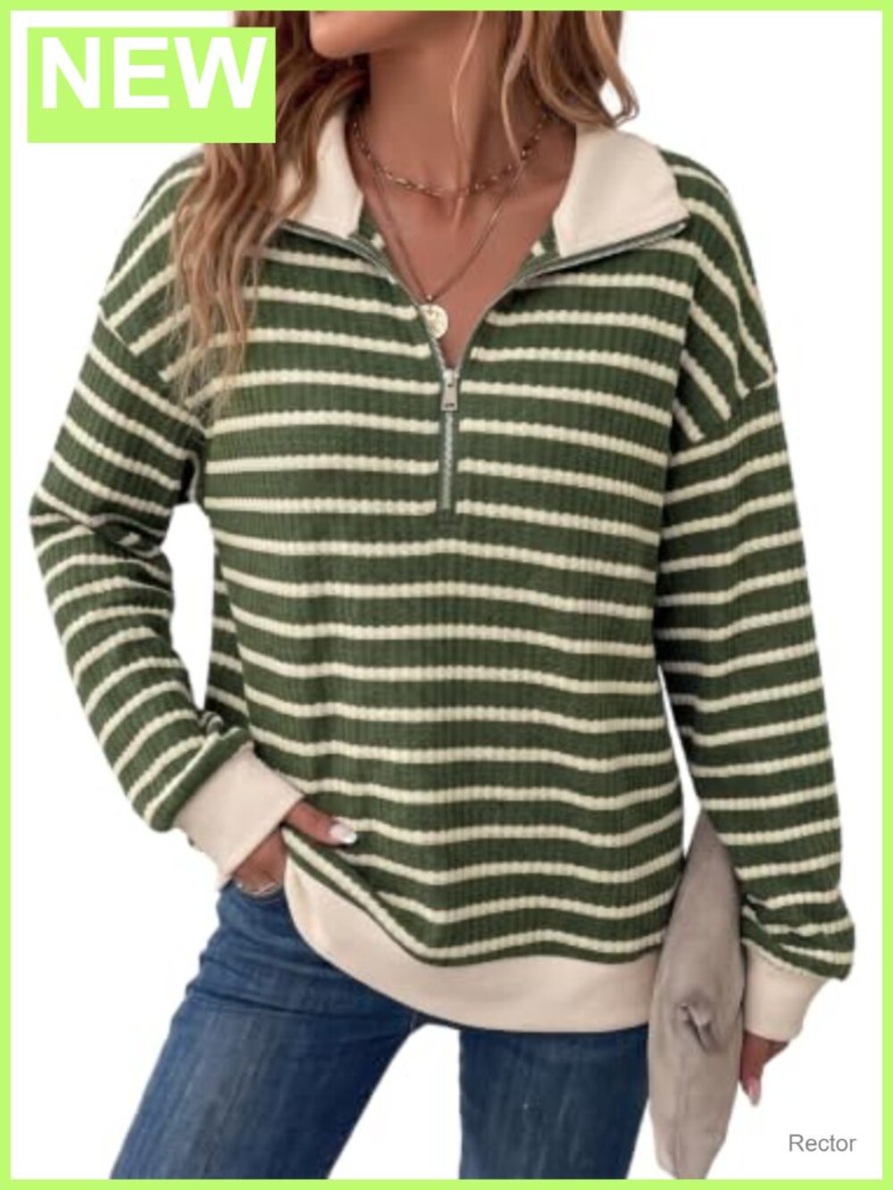 Womens Half Zip Waffle Knit Striped Color Block Sweatshirt Loose Fit Pullover